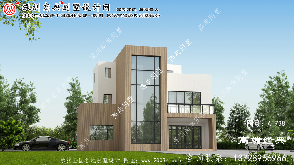 海原縣現(xiàn)代風格三層復式落地窗別墅設(shè)計圖。