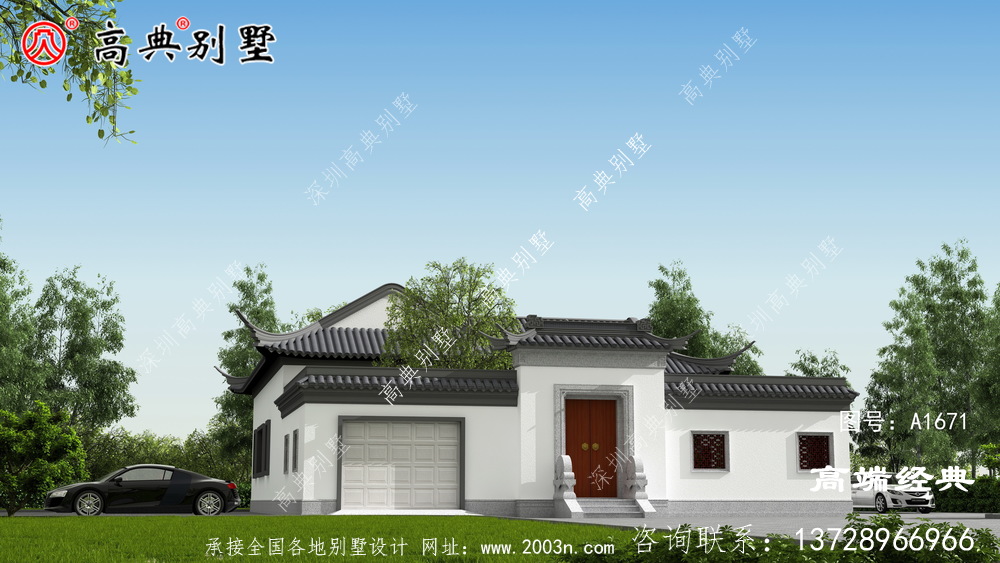大豐市一層精品帶庭院中式別墅戶型圖及外觀圖，前后都有庭院