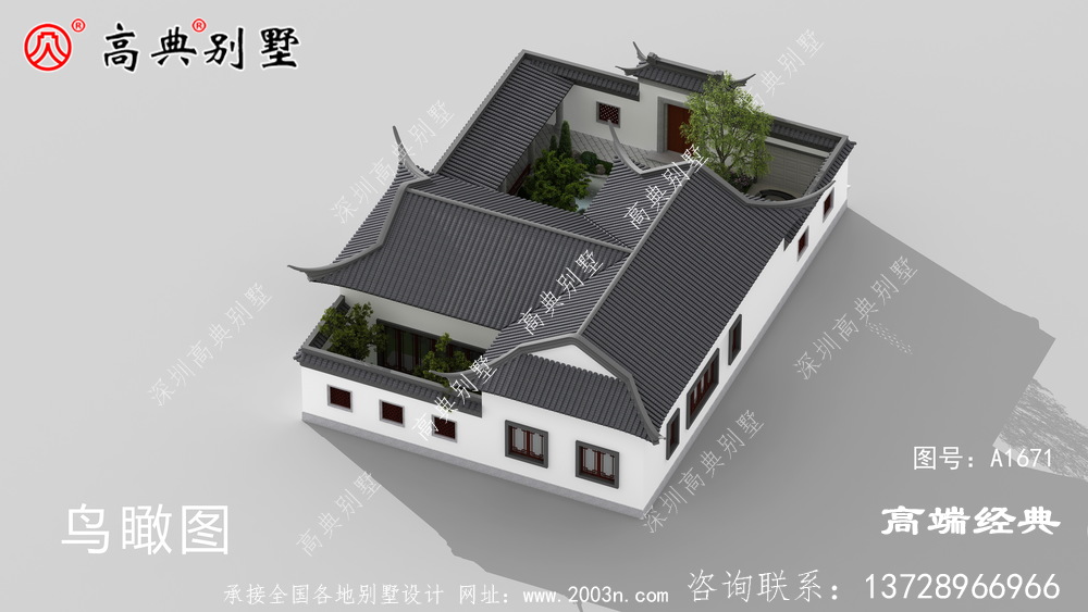 大豐市一層精品帶庭院中式別墅戶型圖及外觀圖，前后都有庭院