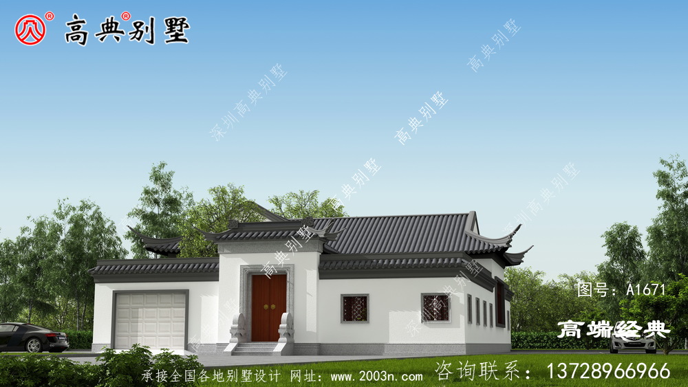 大豐市一層精品帶庭院中式別墅戶型圖及外觀圖，前后都有庭院