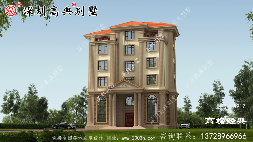 歐式六層洋樓外觀圖，外觀美觀，符合農(nóng)村住宅設(shè)計。
