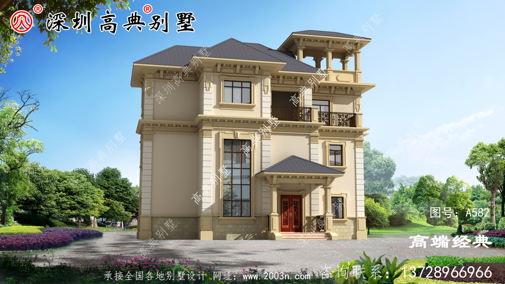 外墻采用淡黃色搭配屋頂灰色清新雅致